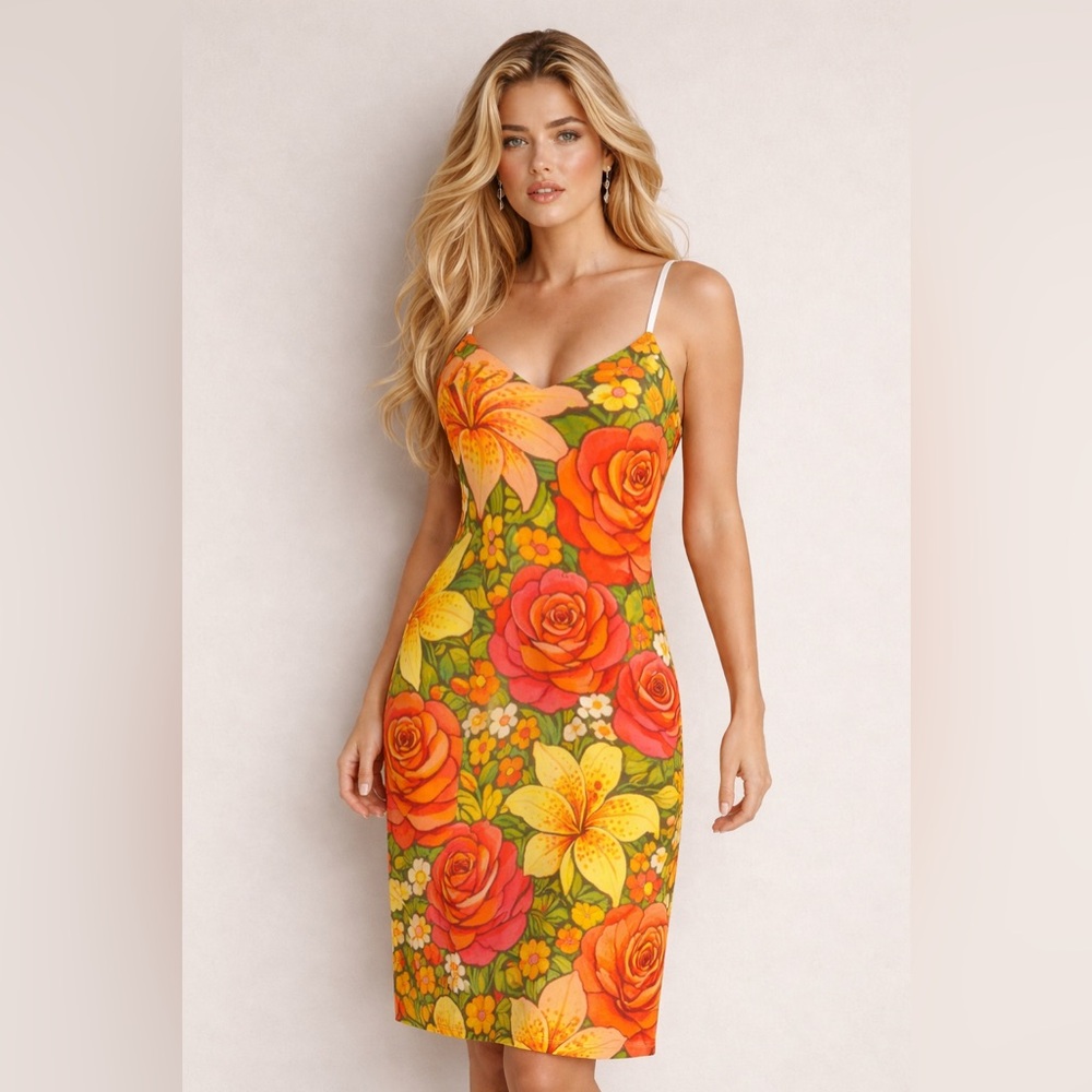 New Retro Groovy Rose Lily Psychedelic Print Sleeveless Midi Dress KY Oaks Derby